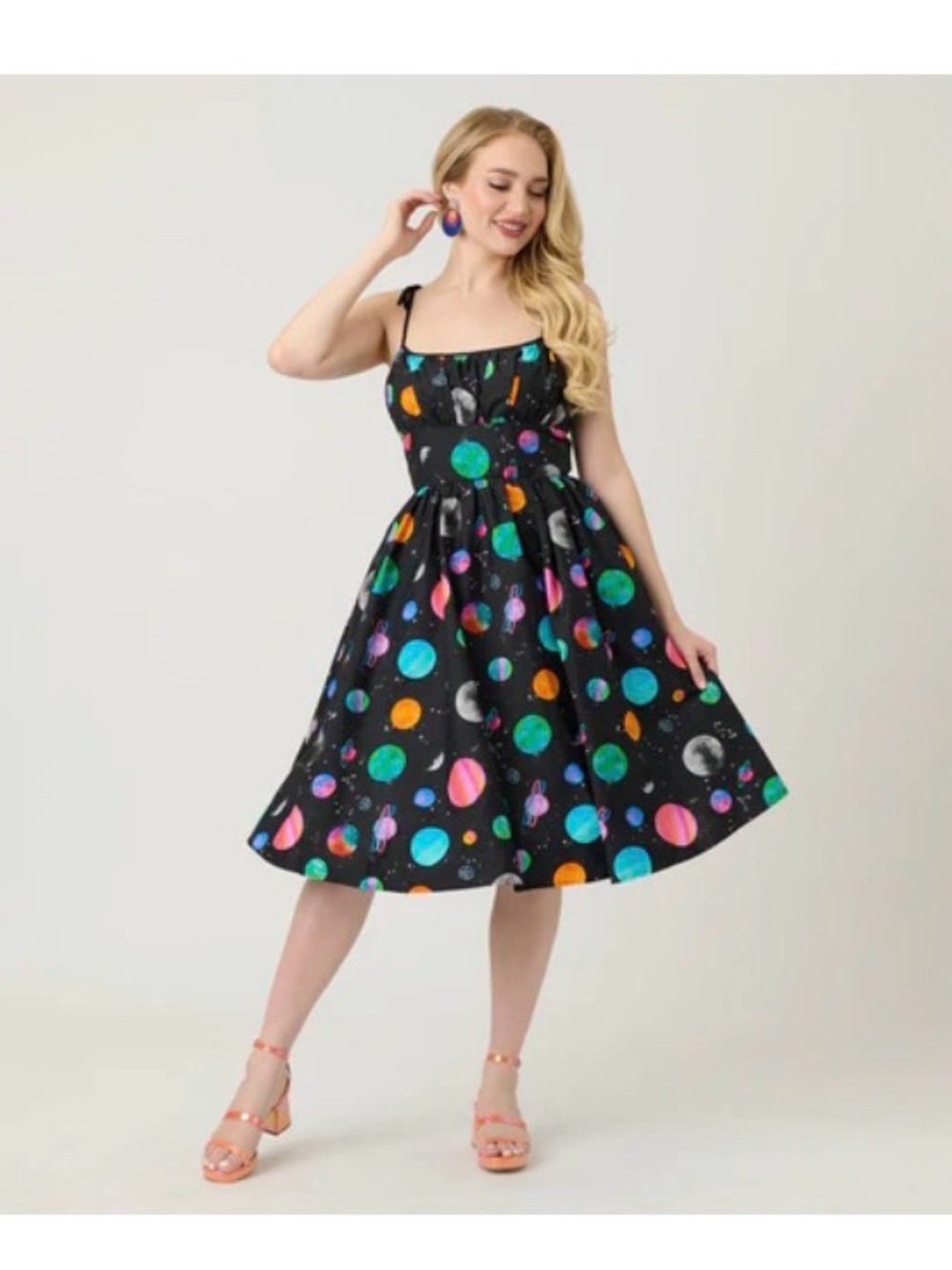 Unique Vintage Black Planet Print Midi Fit-and-Flare Dress